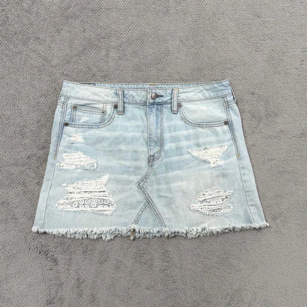 American Eagle Denim Mini Skirt Womens 8 Blue Distressed Lace Inset Frayed Hem